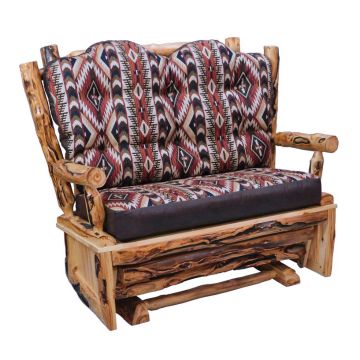 Beartooth Aspen Upholstered Log Loveseat Glider - Natural Panel & Gnarly Log - Dakota Brandy Accent Upholstery & Thunderhawk Sienna Main Upholstery