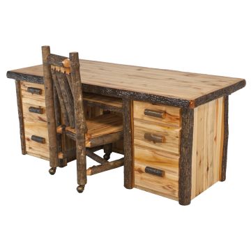Beartooth Hickory Sierra Log Executive Desk - Wild Panel - Keyboard Tray - Top Overhang