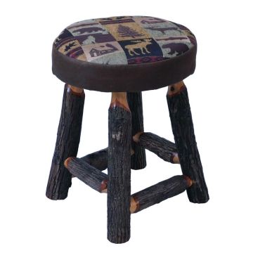 Beartooth Hickory Upholstered Log Dining Stool - Dakota Brandy Accent Upholstery & Fairbanks Green Main Upholstery