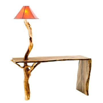 Twisted Trails Black Walnut & Juniper Log Sofa Table (pictured w/ a Manzanita branch which has been replaced with twisted Juniper) & Lamp
