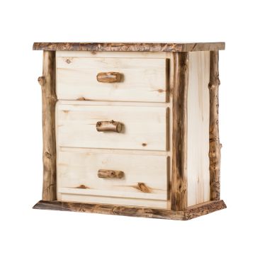 Boulder Mountain Three Drawer Aspen Log Chest--Flat drawer fronts, Clear finish, Standard logs, Light aspen