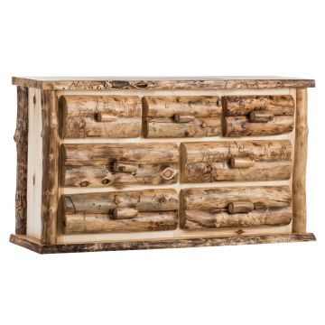 Boulder Mountain 7 Drawer Aspen Log Dresser--Half log drawers, Clear finish, Standard logs, Light aspen
