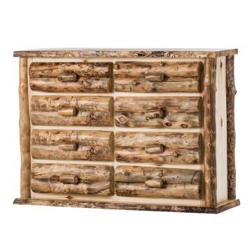 Boulder Mountain 8 Drawer Aspen Log Dresser--Half log drawers, Clear finish, Standard logs, Light aspen