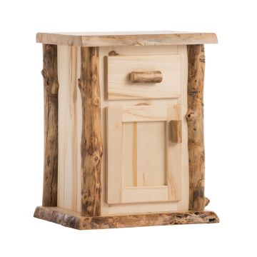 Boulder Mountain Enclosed Aspen Log Nightstand--Flat drawer front, Clear finish, Left hinge, Standard logs, Light aspen