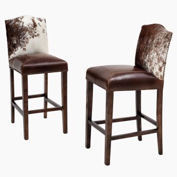 Bristol Bar Stools - Burnt Umber Cypress Leather Upholstery w/ Cowhide Backrest