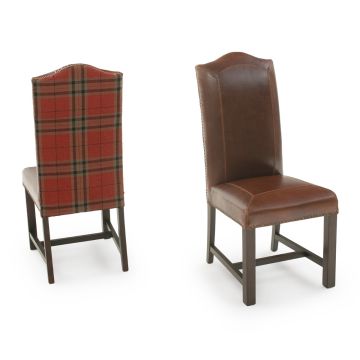 Bristol Tartan Dining Chair - Burnt Umber Cypress Leather & Red Plaid Fabric Back