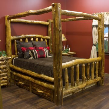 Beartooth Aspen Log Canopy Bed--Standard logs, Under bed drawers