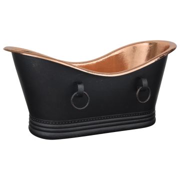 67" Hammered Copper Double Slipper Bathtub with Rings in Glazed Black with Polished Copper Interior