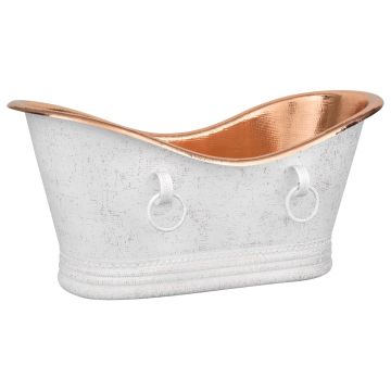 67" Hammered Copper Double Slipper Bathtub with Rings in Glazed White, with Polished Copper Interior