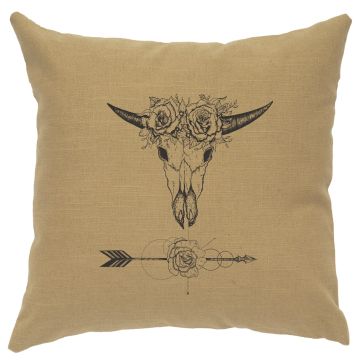 Bull & Flowers Image Decor Pillow - Straw Linen