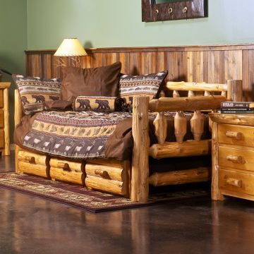 Cedar Lake Rustic Log Daybed--Honey finish, Half log faux drawer bank roll-out trundle.