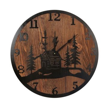 Rustic Stained Wood & Etched Metal Cabin Wall Clock
