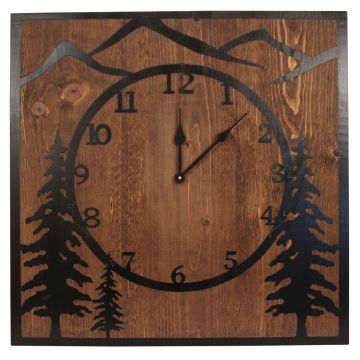 Rustic Stained Wood & Etched Metal Mountain Pines Wall Clock