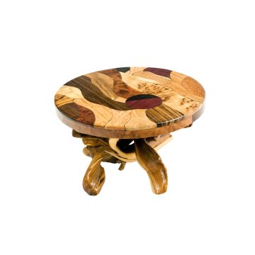 Artistic Mosaic Burl Wood Coffee Table with Juniper Base