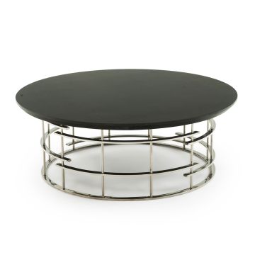 Contemporary Round Cage Coffee Table - Chamfer Edge - Ebony finish - Polished Stainless Steel base