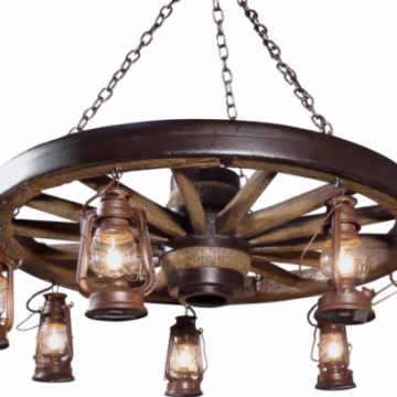 Large Faux Wagon Wheel Chandelier with Lanterns