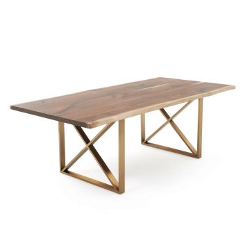 Metal X Hardwood Dining Table - Black Walnut - Live Edge - Natural Clear finish - Brushed Gold Stainless base
