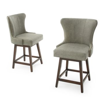 Elegant Curved Back Leather Counter Stools - Pencil Grey Leather