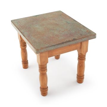 Farmhouse Hammered Verde Copper End Table -  Light Wood Finish