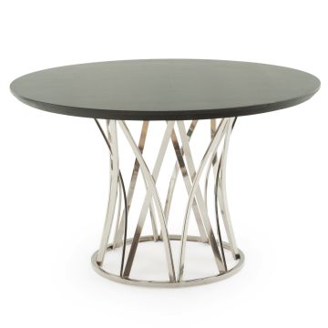 CUSTOM FINISH - Gate Pedestal Round Natural Wood Dining Table - Chamfer Edge Smooth Alder Table Top - CUSTOM Ebony Table Top Finish - Silver Steel Table Base