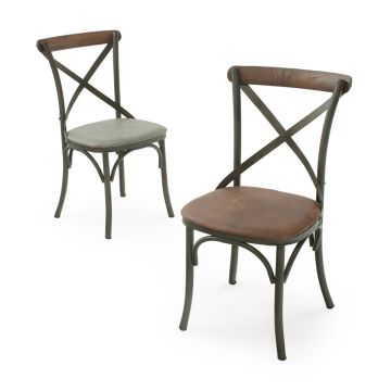 Iron X Rustic Upholstered Dining Chair - Pencil Gray Leather (L) & Classic Brown Leather (R)
