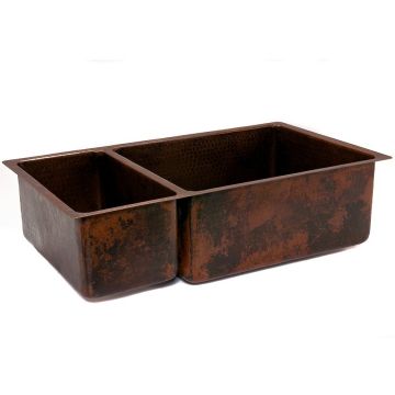 33" Hammered Copper 25/75 Double Basin Kitchen Sink Angled View