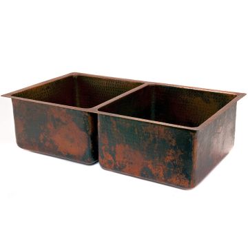 33" Hammered Copper 50/50 Double Basin Kitchen Sink Angled View