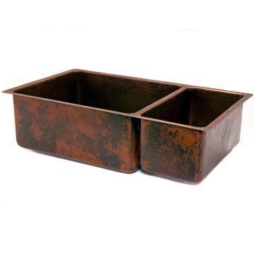33" Hammered Copper 75/25 Double Basin Kitchen Sink Angled View