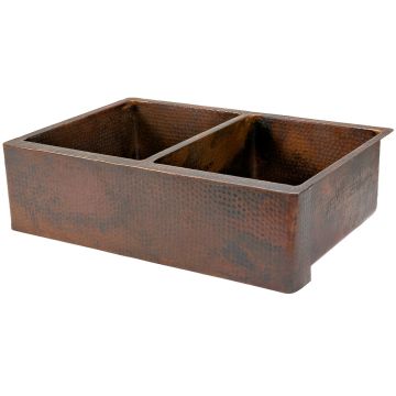 33" Copper Hammered Kitchen Apron 50/50 Double Basin Sink Angled View