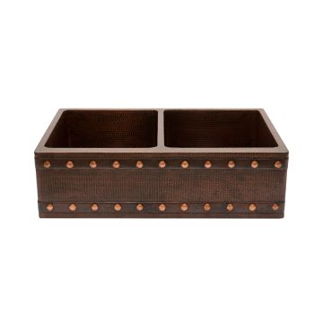 Copper Kitchen Apron 50/50 Double Basin sink with Barrel Strap Design