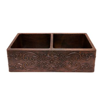 33" Copper Hammered Kitchen Apron 50/50 Double Basin Sink with Scroll Design Angled View