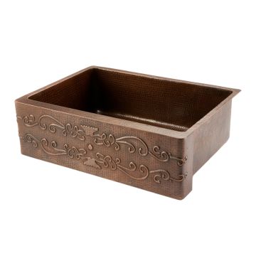 30" Copper Hammered Kitchen Apron Single Basin Sink Angled View