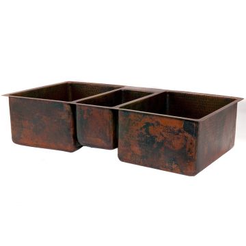 42" Hammered Copper Triple Basin Kitchen Sink Angled View