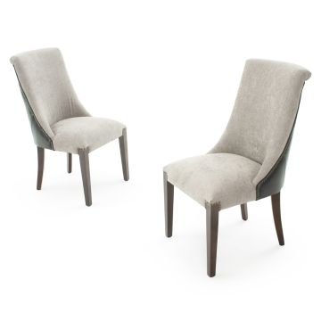 Leather & Linen Wingback Dining Chair - Natural Grey Fabric & Ebony Leather