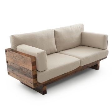 Rustic Real Wood Cushioned Sofa - - Reclaimed Wood - Cream Fabric Cushions