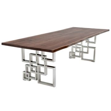 CUSTOM FINISH - Modern Geometric Natural Wood Dining Table - Live Edge Black Walnut Table Top - CUSTOM Jacobean Table Top Finish - Silver Steel Table Base