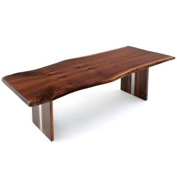 CUSTOM FINISH - Modern Live Edge Natural Wood Dining Table - Book-Match Black Walnut Table Top - CUSTOM Provencial Finish - Silver Steel Base Inlay