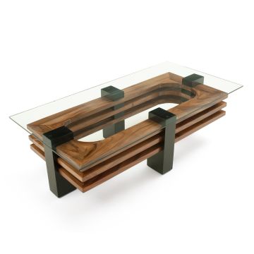 Modern Art Deco Ebony Mahogany & Golden Walnut Coffee Table Base - Glass Not Included