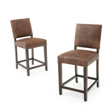 Modern Classic Upholstered Stool - 26"H Seat - Bomber Jacket Brown Leather - Brown Frame