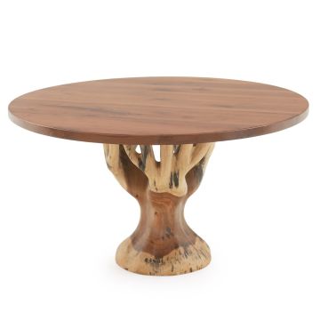 Modern Rustic Tree Base Round Dining Table - Black Walnut Table Top - Flat Edge - Natural Clear Finish