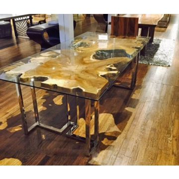 Contemporary Table with Asymmetrical Slab Under Glass