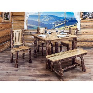 Rustic Pine 4 Post Log Kitchen Table with Side Chairs and Plank Style Bench