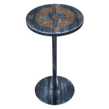 Rustic Etched Compass Weathered Iron & Wood Drink Table