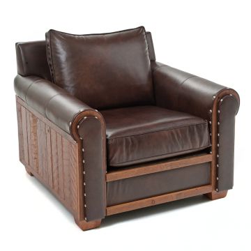 Remington Brownstone Upholstered Leather Barn Wood Club Chair - Pictured upholstery may not be listed or available