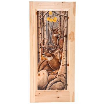 Rustic Hand Carved & Painted Forest Deer Single Panel Interior Door