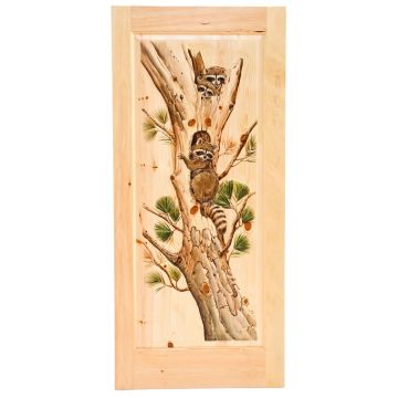 Rustic Hand Carved & Painted Raccoon Family Single Panel Interior Door