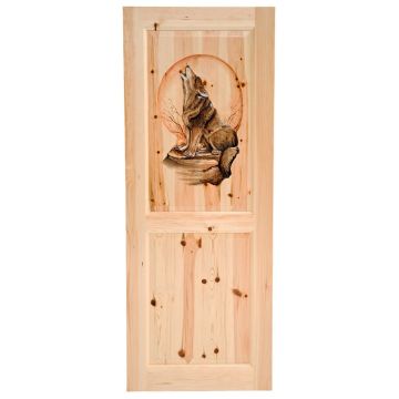 Rustic Hand Carved & Painted Howling Wolf Double Panel Interior Door