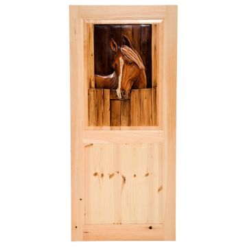 Rustic Hand Carved & Painted Stable Horse Double Panel Interior Door