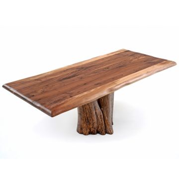 Rustic Live Edge Natural Tree Stump Dining Table - Black Walnut Tabletop - Natural Clear Tabletop Finish - Rustic Barnwood Base Finish