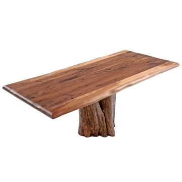 Rustic Live Edge Natural Tree Stump Dining Table - Black Walnut Tabletop - Natural Clear Tabletop Finish - Rustic Barnwood Base Finish